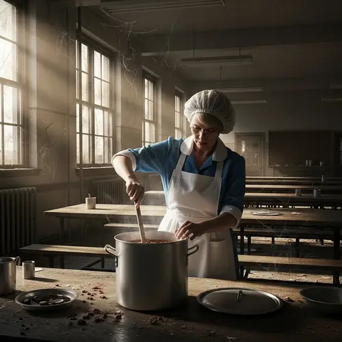 Abandoned School Lunchroom: Ghostly Lunch Lady Making Deathly Stew