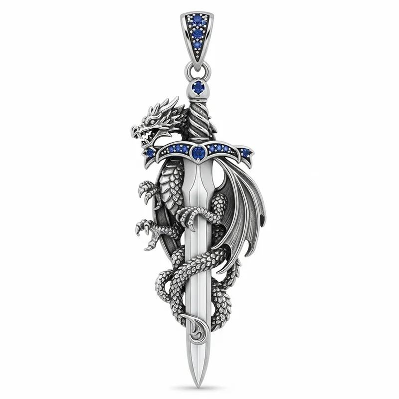 Dragon Pendant Silver Sword Glass Blade Medieval Art
