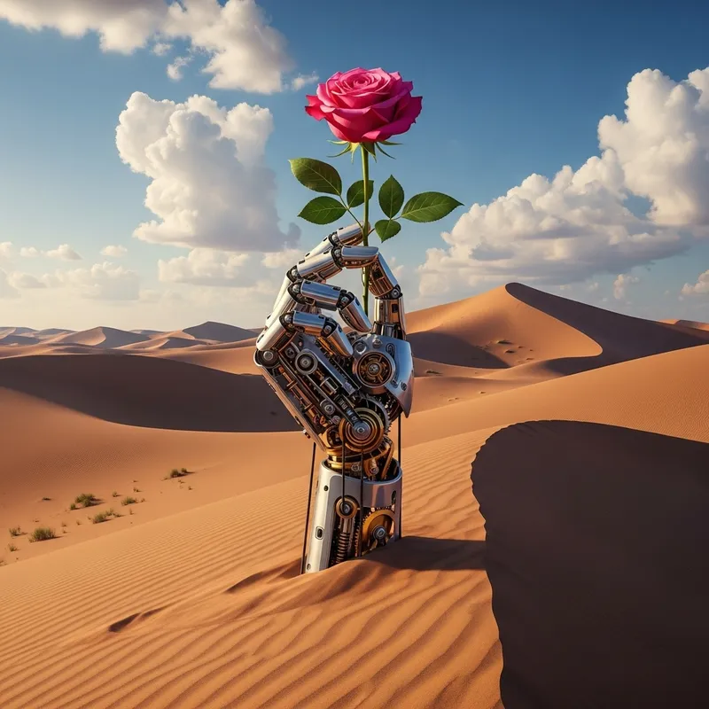 Mechanical Hand Emerging from Desert with Rose - Surreal Art