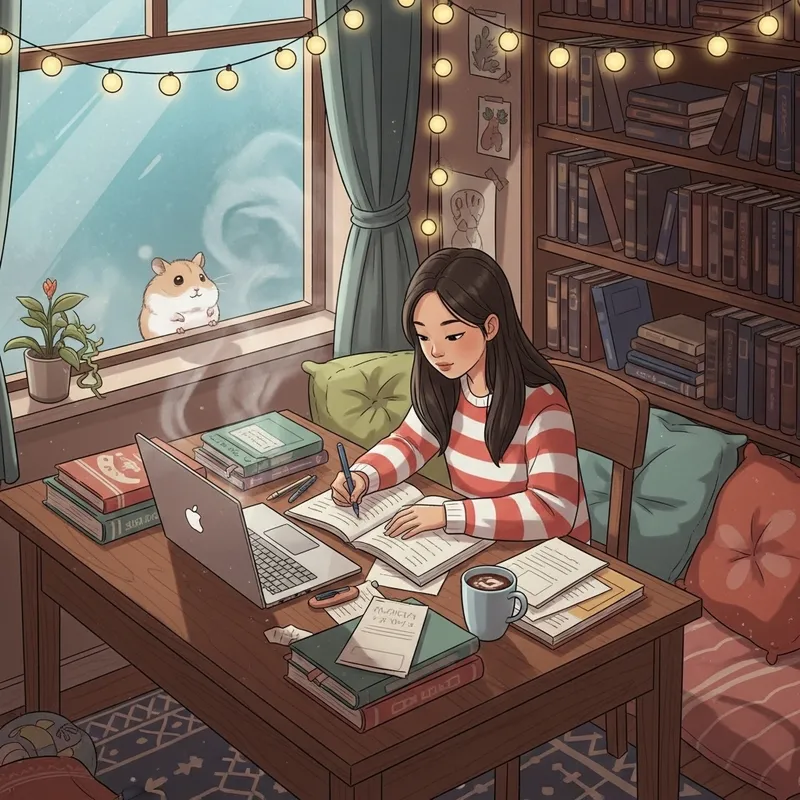 Tranquil Lofi Study Scene with Teenage Girl and Curious Hamster