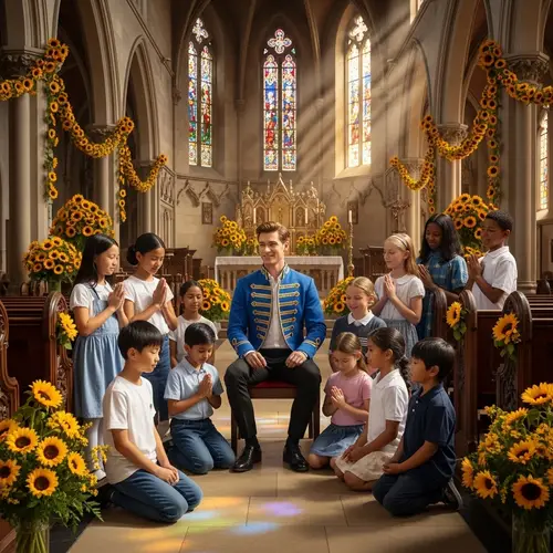 Ethnic Group Praying with Prince in Sunflower-Decorated Church