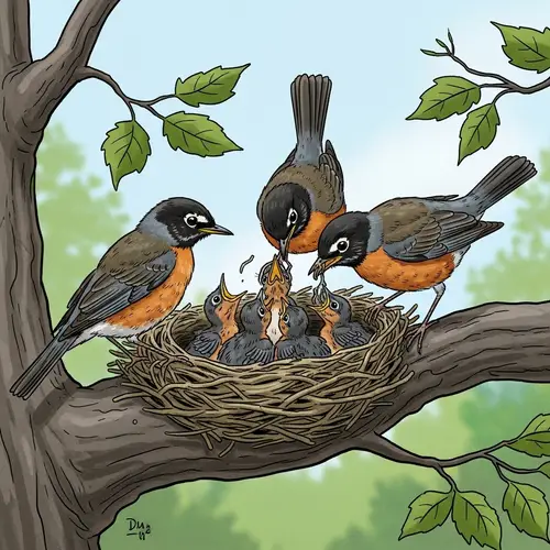 Family of Robins Building Their Nest