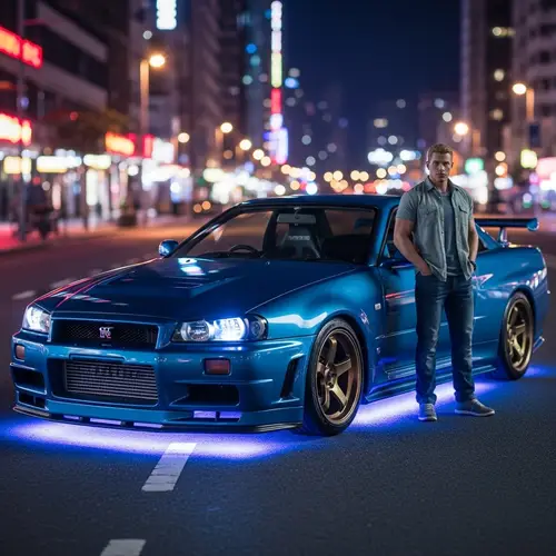 Shiny Blue Nissan Skyline R34 with Neon Lights - City Nightlife Scene