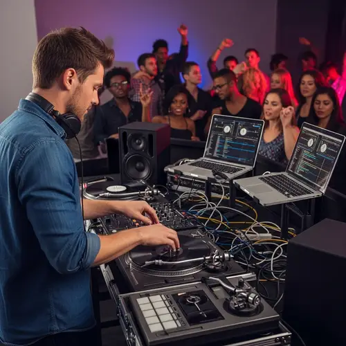 Energetic Caucasian Male DJ Set with Crowd in Colorful Atmosphere