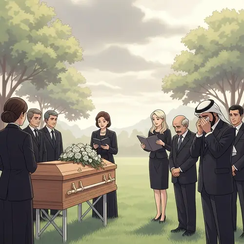 Tranquil Funeral Scene with Soft Hues and Gentle Tributes