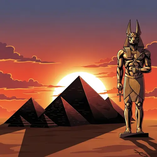 Black Pyramids with Anubis Statue at Sunset