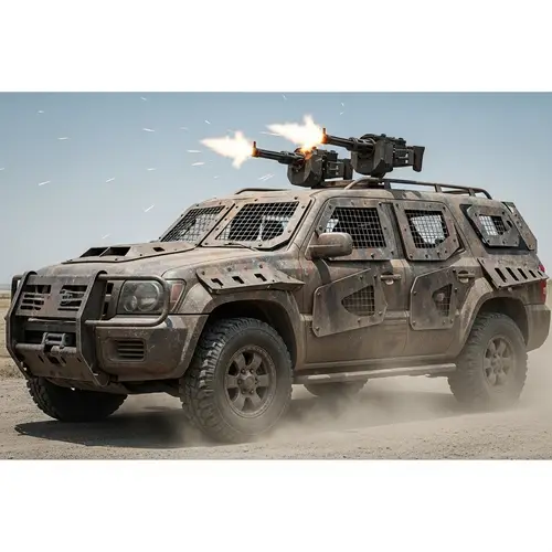 Post-Apocalyptic Rugged SUV with Gatling-Style Mini-Guns