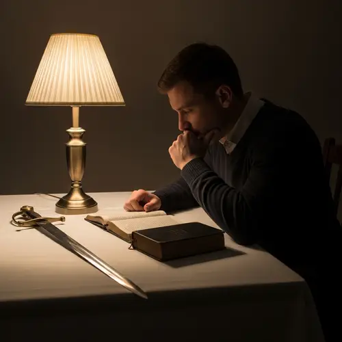 Contemplative Man with Sword and Bible | Symbol of Strength and Faith