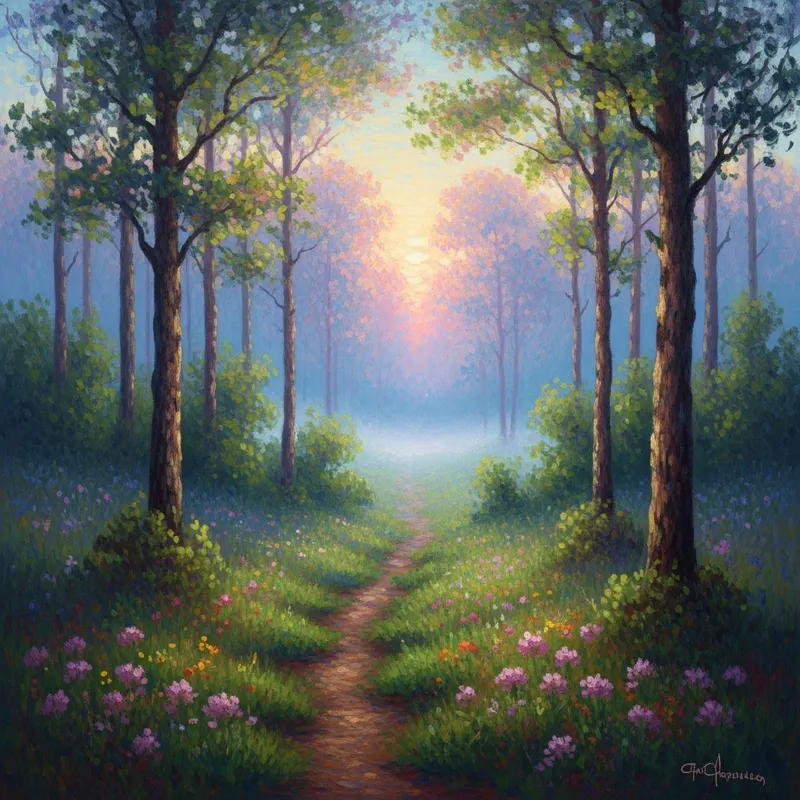 Enchanted Mystical Forest at Dawn: Vibrant Impressionistic Beauty