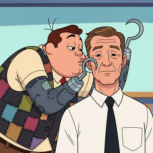 Cartoon Character Pudge Kisses Middle-Aged Man