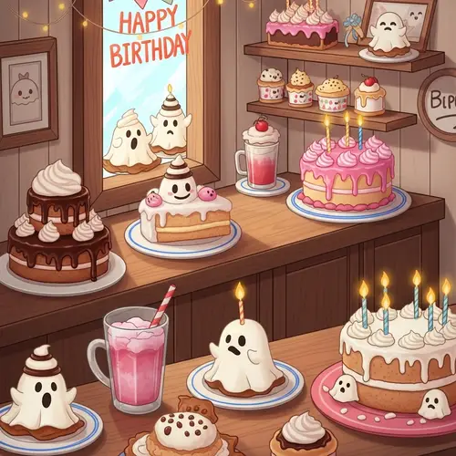 Cozy Birthday Cafe with Delightful Ghost-Themed Pastries