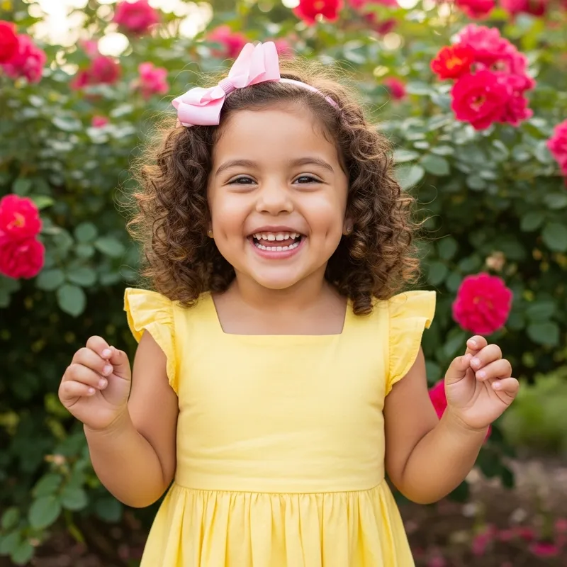 Smiling Hispanic Girl in Bright Yellow Sundress by Rose Bush