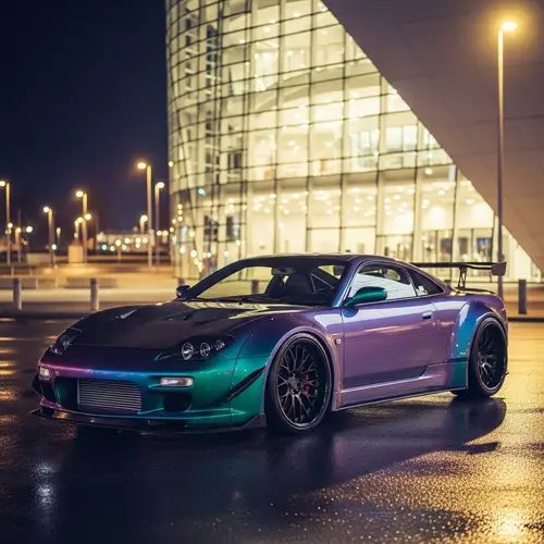 Sleek Metallic Blue Sports Car in Urban Setting at Night