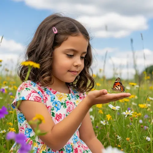 Cute Hispanic Girl in Summer Dress with Butterfly in Wildflower Field
