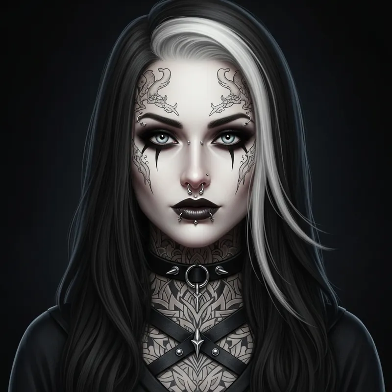 Coldly Beautiful Pale Skinned Goth Female with Long Dark Hair, White Streak, Piercing Eyes, Makeup, Piercings, Tattoos & Confidence