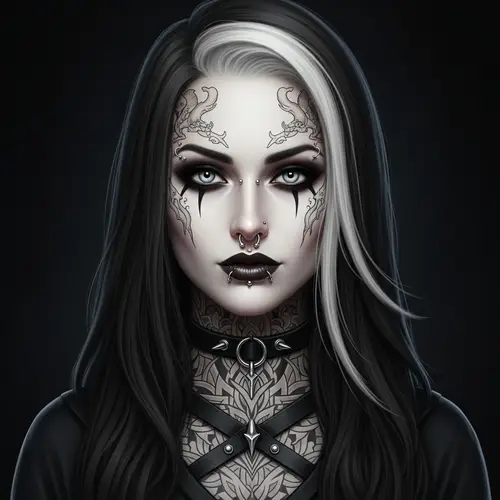 Stunning Goth Woman with Dark Hair, White Streak, Piercings & Tattoos
