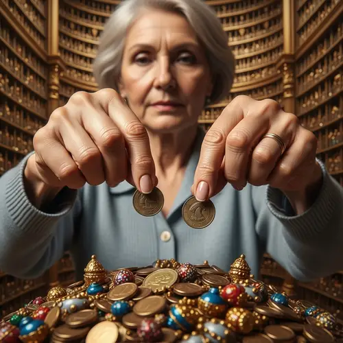 Elderly Woman's Hands Dropping Coins in Grand Treasury