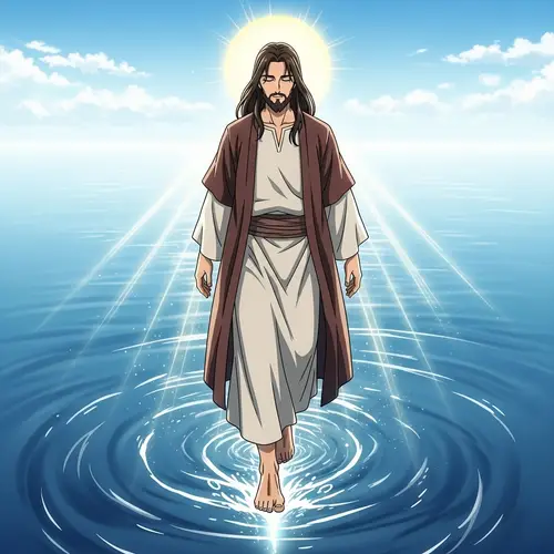 Anime Depiction of Peaceful Figure Walking on Water