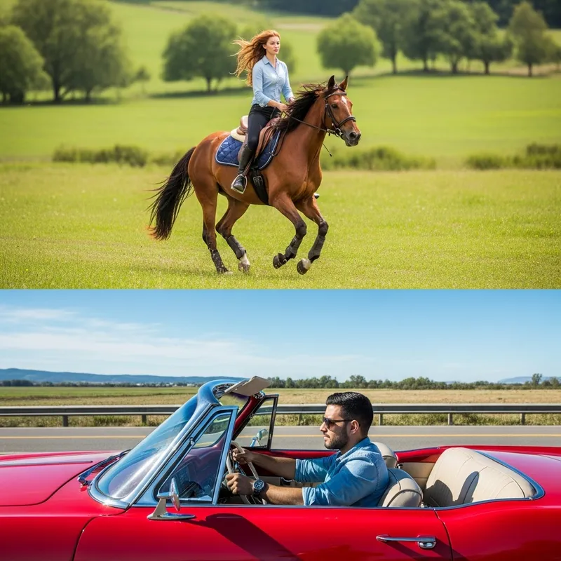 Rural Charm: Horse Riding Adventure with Vintage Car Rural Charm: Horse Riding Adventure with Vintage Car
