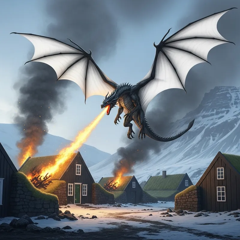 Powerful Black Dragon with White Wings in Iceland