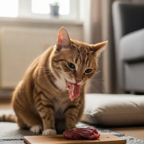 Adorable Cat Enjoying Real Meat in Cozy Home Environment