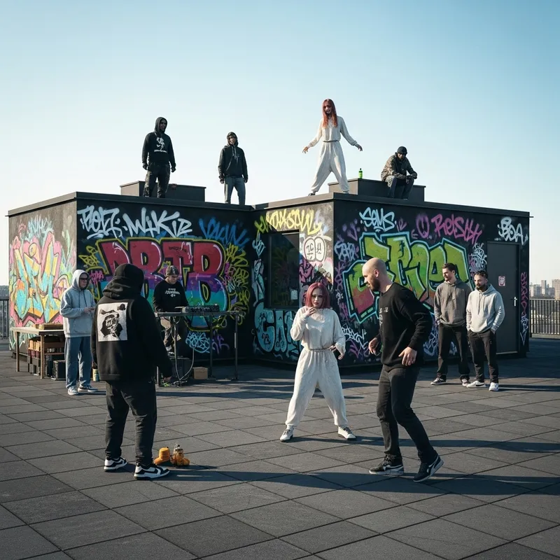 Rooftop Graffiti Walls: Spirited Hipster Baggy Clothes Daytime Scene