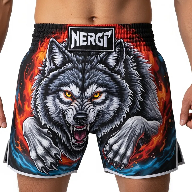 Vibrant Muay Thai Trunks with Wolf Motif