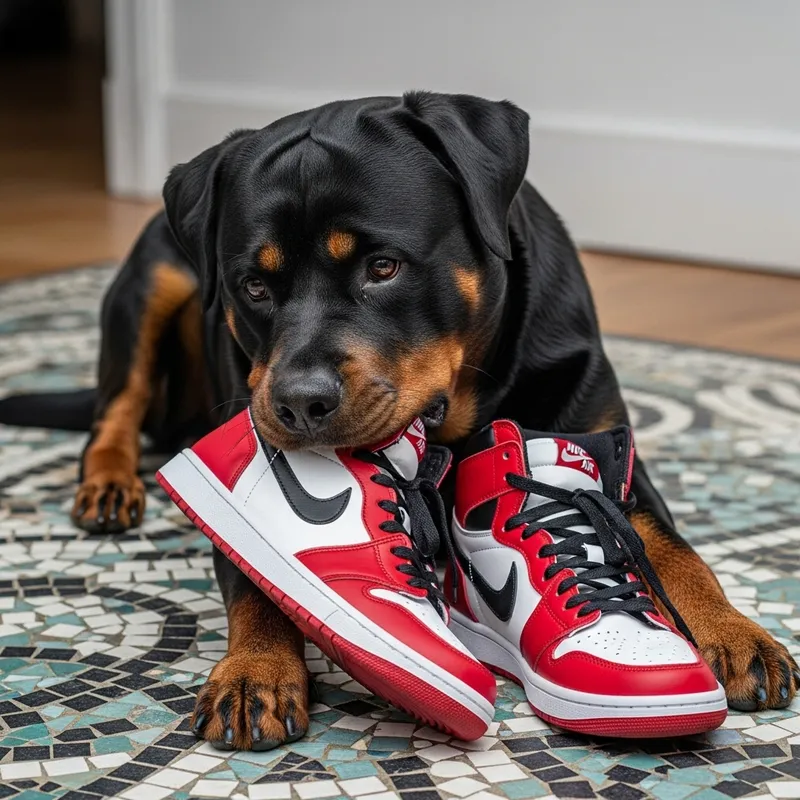 Adorable Rottweiler Dog Chewing on Stylish Jordan Sneakers