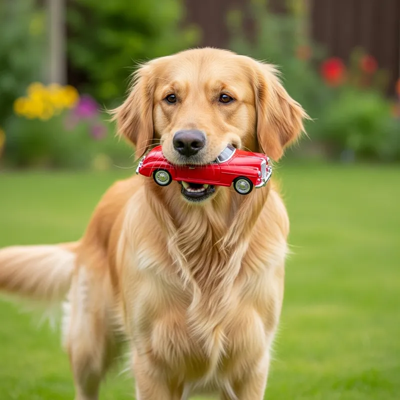 Excited Dog Plays with Toy Car