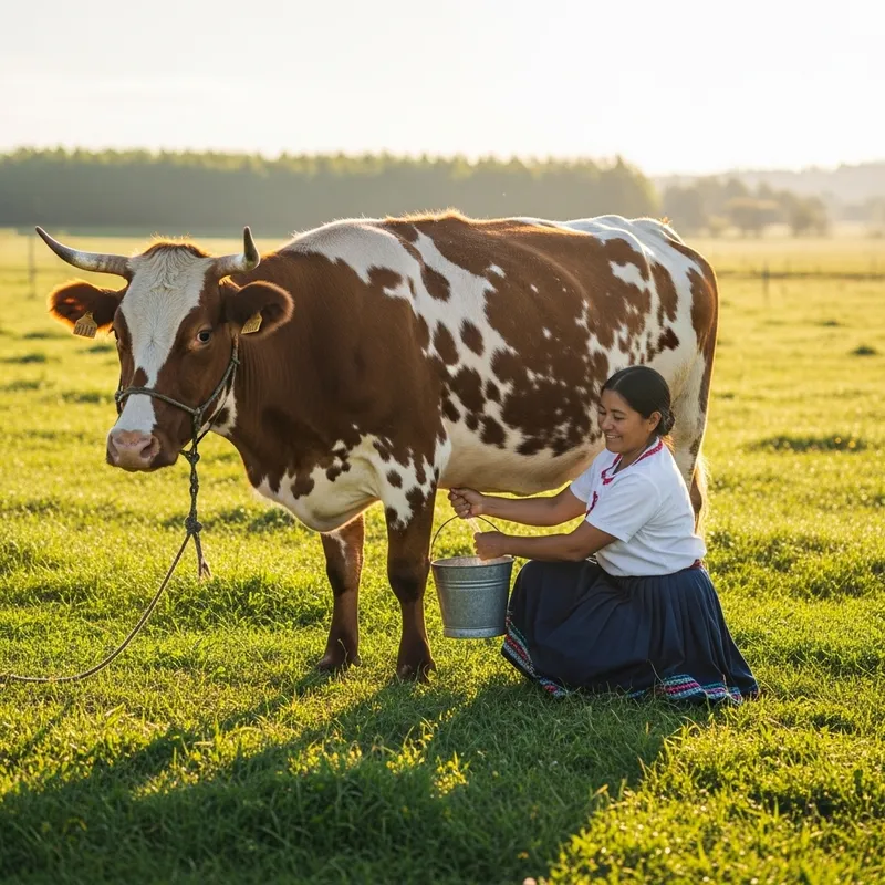Mujer Mamando Lechita de una Vaca en Paz Rural