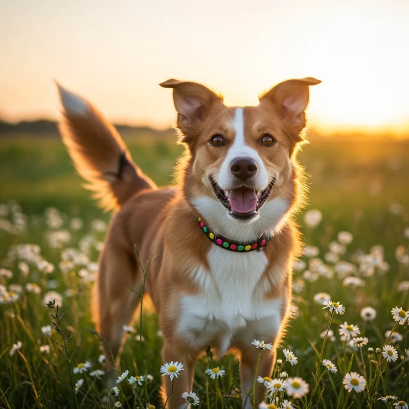 Smiling Dog in Field of Daisies Smiling Dog in Field of Daisies
