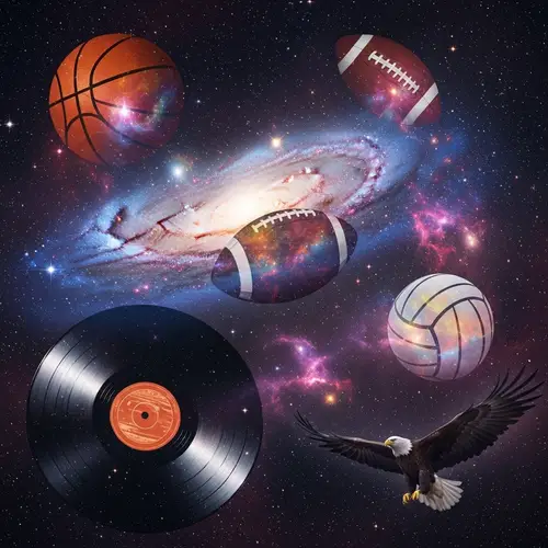Cosmic Galaxy Art with Basketball, Football, Volleyball, and Eagle