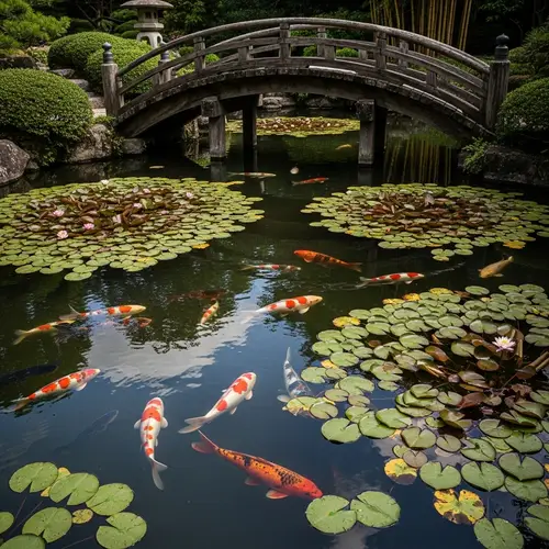 Japanese Koi Fish in Lily Pond with Wooden Bridge