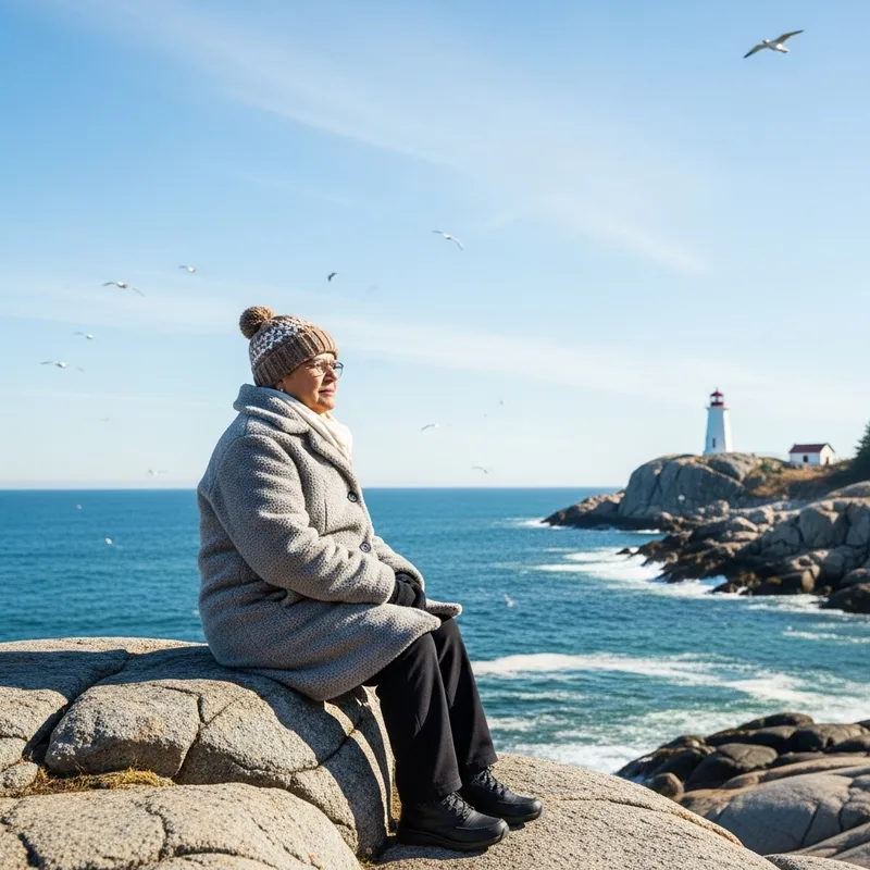 Senior Citizen Sitting on Rock at Peggy's Cove
