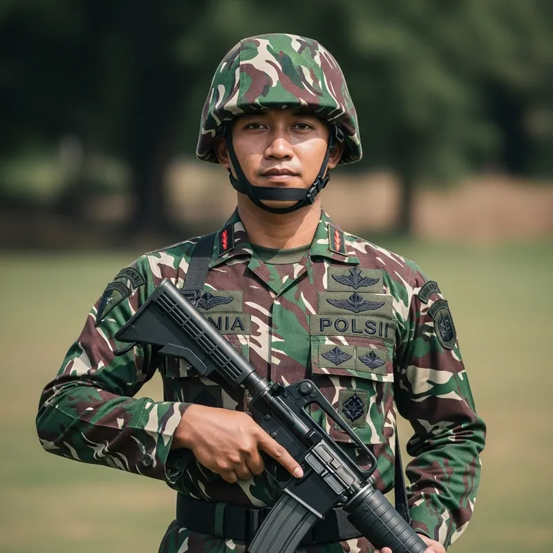 Indonesian Soldier in Full Military Uniform with Weapon