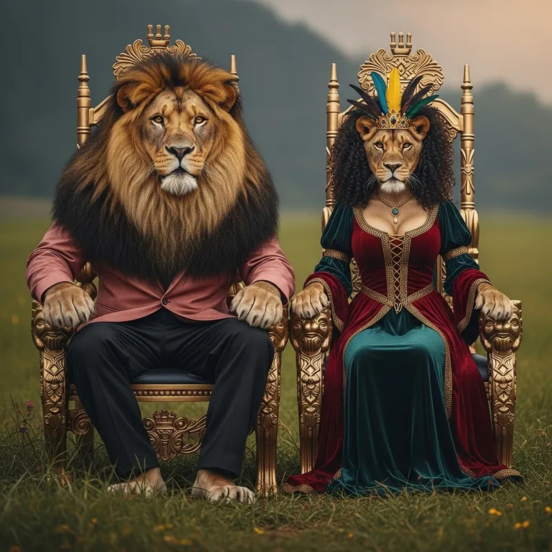 Majestic Alpha Lion & Ecuadorian Lioness in Regal Velvet Attire Majestic Alpha Lion & Ecuadorian Lioness in Regal Velvet Attire
