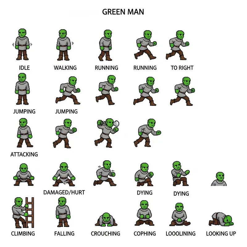 Green Man Sprite Sheet for Games | High-Quality Assets Green Man Sprite Sheet for Games | High-Quality Assets