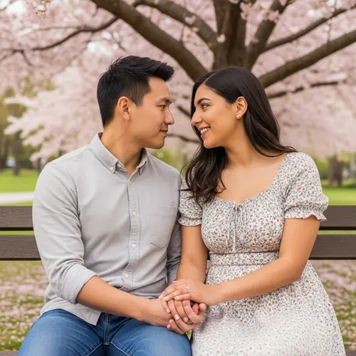 Loving Couple Under Cherry Blossom Tree - Romantic Scene