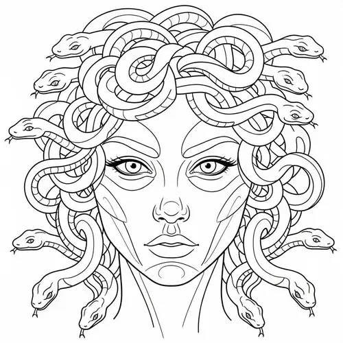 Gorgon Illustration in Line Art Style - Mythological Design