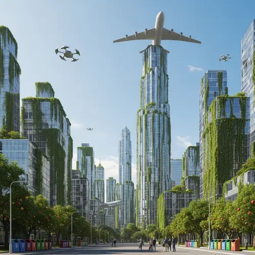 Futuristic Urban Landscape: Glass Skyscrapers & Flying Cars
