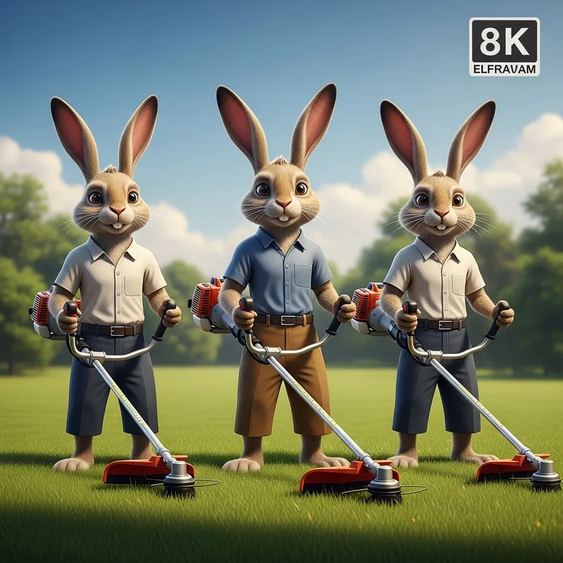 Anthropomorphic Hares Lawn Care Diversity | 8K Realism