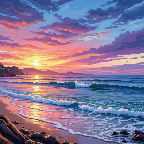 Serene Coastal Landscape at Sunset: Impressionist Style View