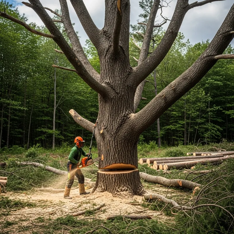 Preparing Large Forest Tree for Wood Board Production; Worker Trimming Branches