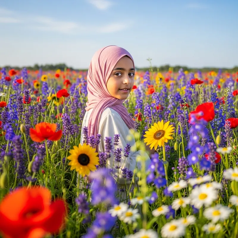 Middle Eastern Girl Surrounded by Colorful Flowers Under Bright Sky
