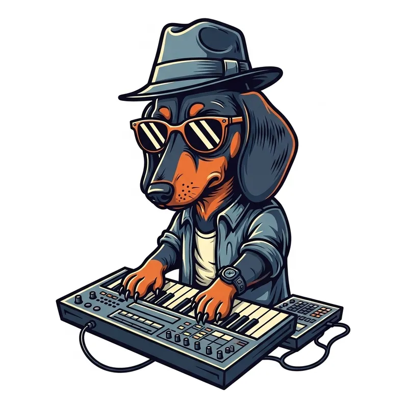 Dachshund Musician - Cartoon Keyboard Rockstar Illustration Dachshund Musician - Cartoon Keyboard Rockstar Illustration