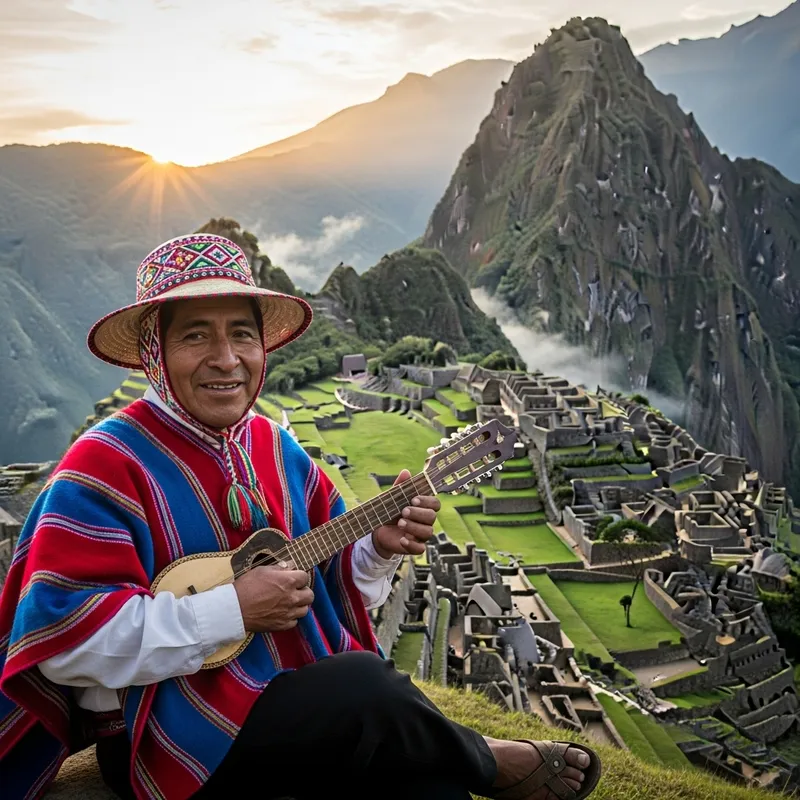Peruvian Man in Traditional Quechua Clothing with Charango | Machu Picchu Sunrise