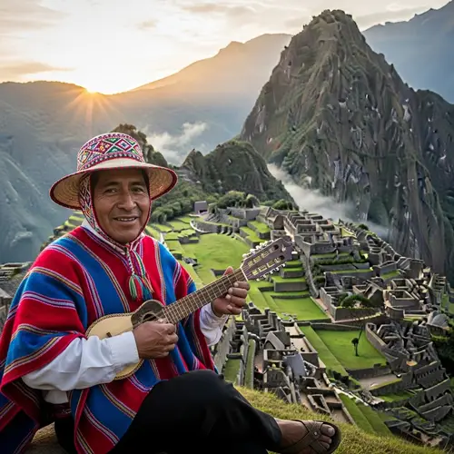 Quechua Man in Traditional Clothing with Charango | Machu Picchu Sunrise