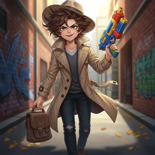 Young Playful Character in Beige Hat and Trench Coat