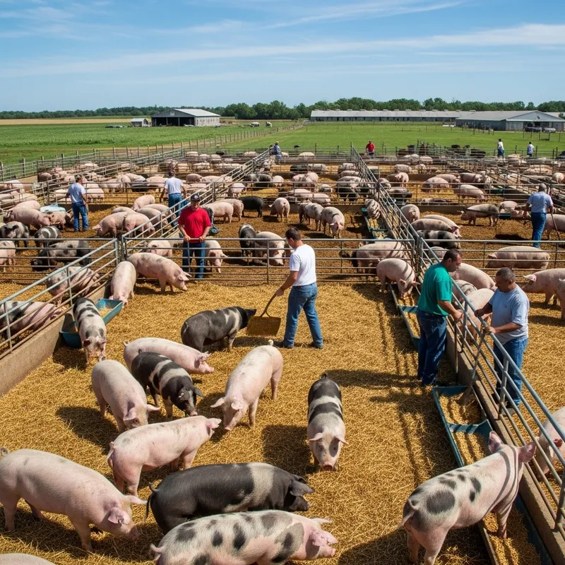 Expansive Pig Farm: Colorful Pigs & Farm Workers
