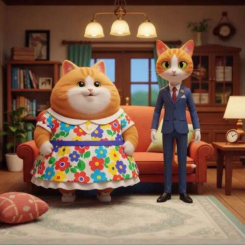 Charming Harmony: Orange & White Cat Humanoids in Cozy Home